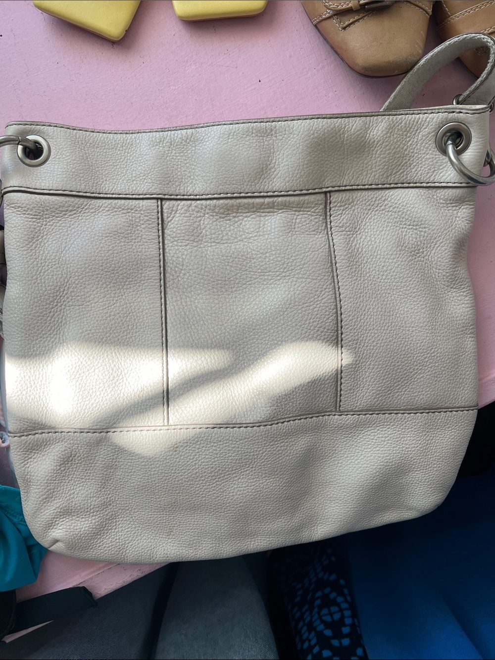 Women's Neutral Leather Shoulder Bag - Beige silver hardware - Picture 13 of 16